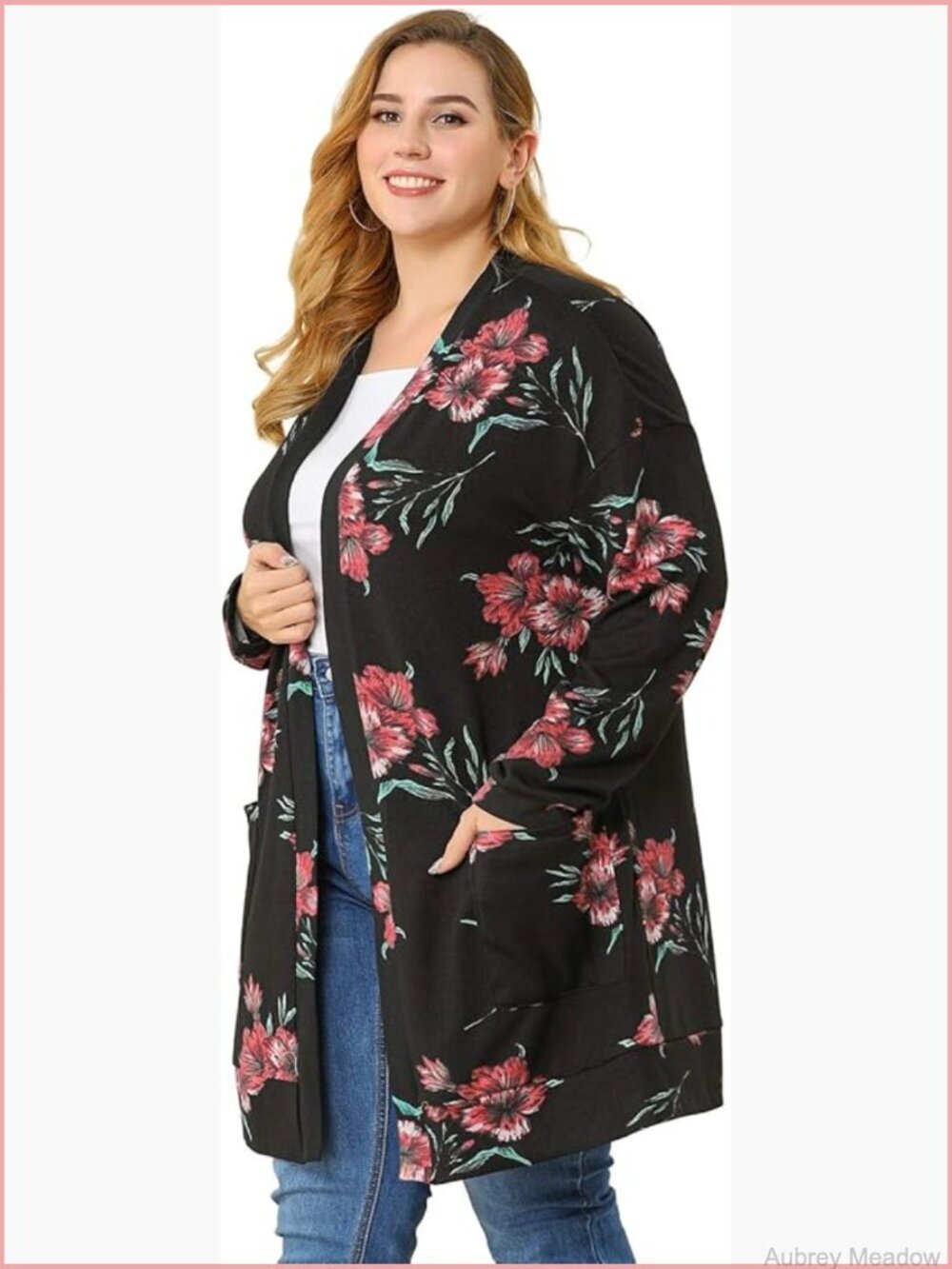 Plus Size Floral Knit Cardigan with Pockets Soft Lightweight Open Front Long